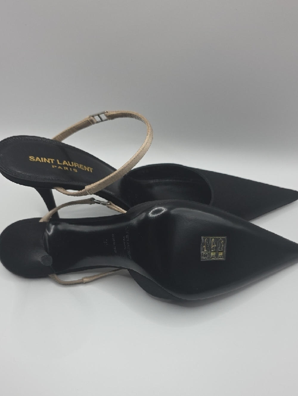 Saint Laurent Black Pointed Slingback Heels with Tan Strap - Picture 10 of 14